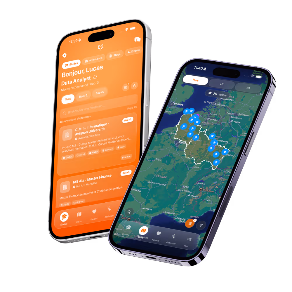 Application mobile Fox'Up — quiz d'orientation et fiches métier sur iPhone